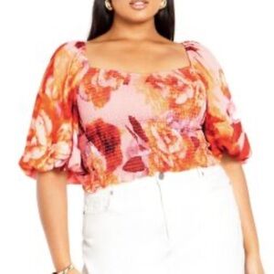 NWOT Sienna Sky - Cream & Orange Short Sleeve Elastic V Neckline Corset Blouse